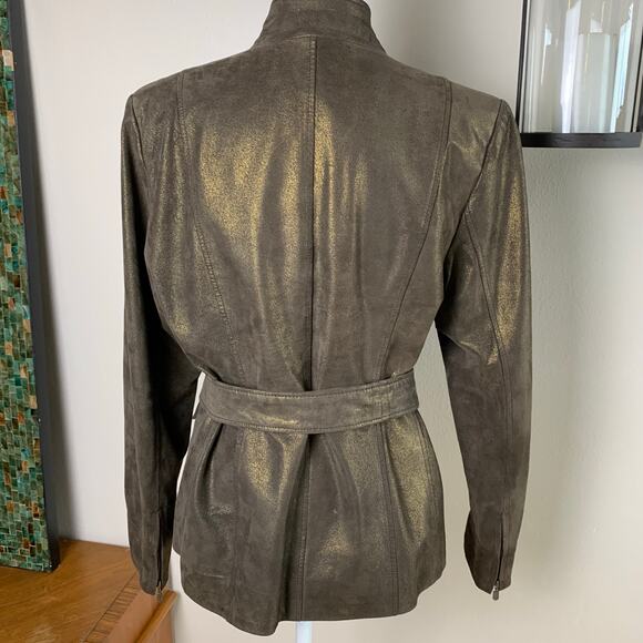 Vintage Alfani Size L Leather Belted Jacket Brown With Gold Metallic Finish Fall - Picture 8 of 9